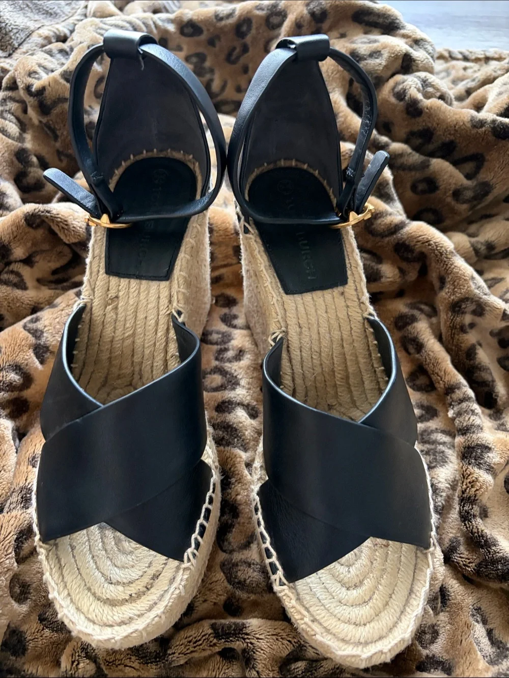 Tory Burch Black Leather Crisscross Espadrille Wedges with Gold Buckle